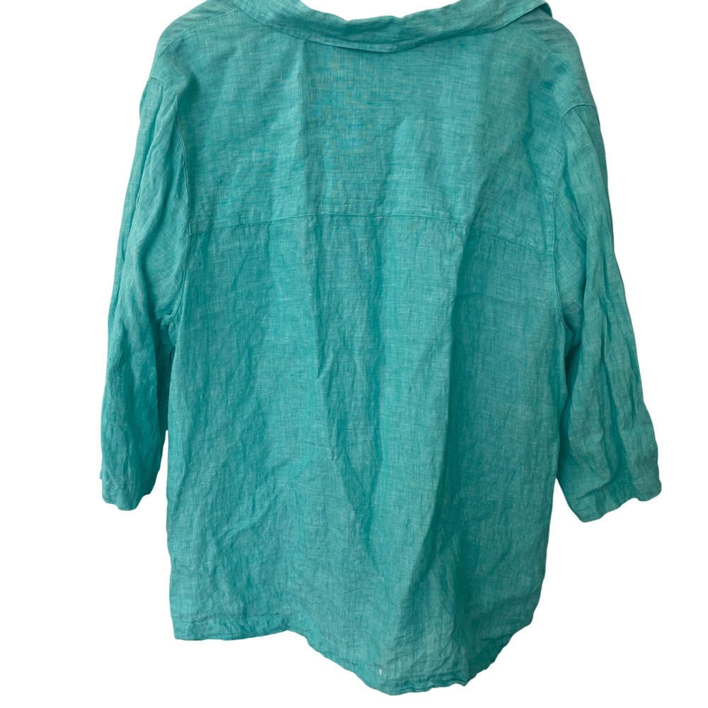 Tahari  Linen Tunic Top Turquoise 3/4 Sleeve Button Detail 2X Lagenlook - Picture 3 of 9